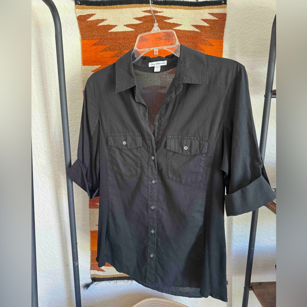 JAMES PERSE 3/4 Sleeve Button-Down Shirt, Dark Gray, Sz 3